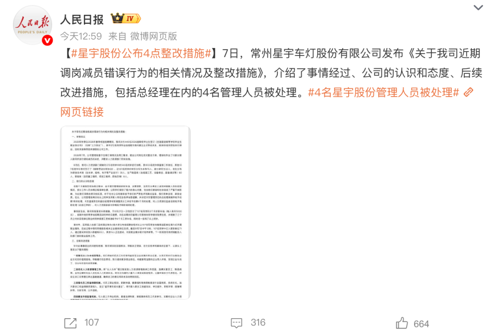 总经理扣薪12个月！星宇车灯发布处罚公告 107名应届生解约风波后4名管理人员被处理