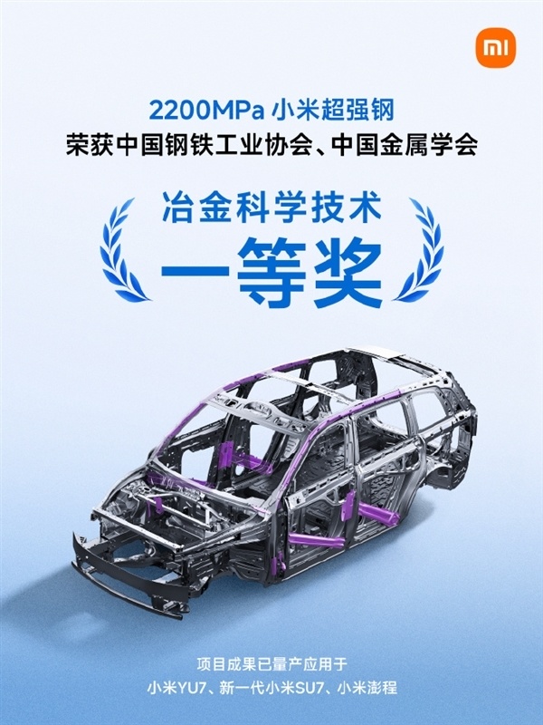 小米2200MPa超强钢斩获冶金科学技术奖一等奖 已量产上车YU7与SU7 国内车企首个