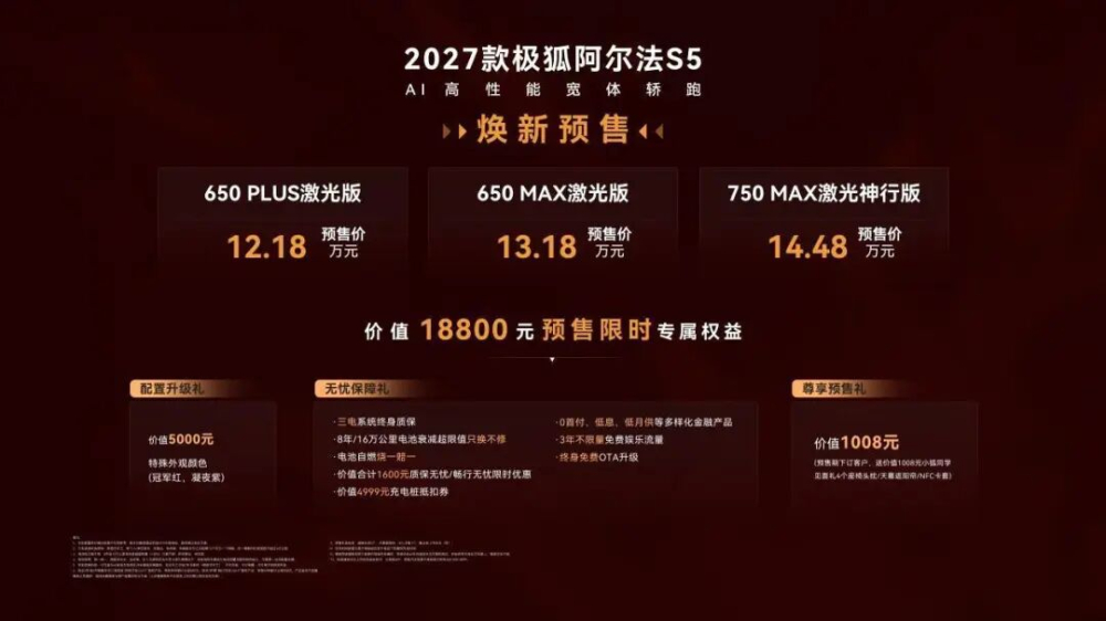 2027款极狐阿尔法S5开启预售12.18万起 全系标配192线激光雷达 纯电最高750公里