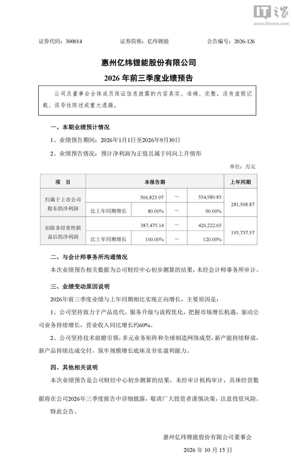 亿纬锂能前三季度净利预增80%至90%最高53.5亿元 扣非增速翻倍 营收增约六成
