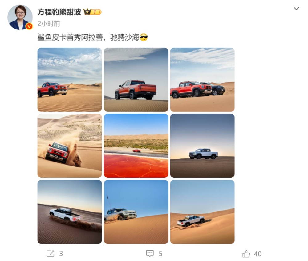 方程豹鲨鱼皮卡阿拉善首秀 熊甜波晒实车图 海外两年卖超7万台 四季度回国上市