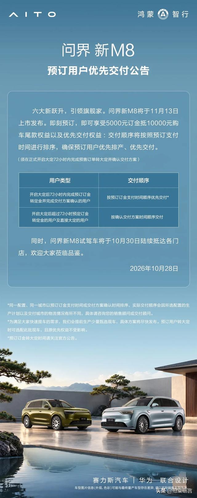 问界新M8公布三版本配置开放选配 15亿元按全新车型标准开发 预售38.98万元起